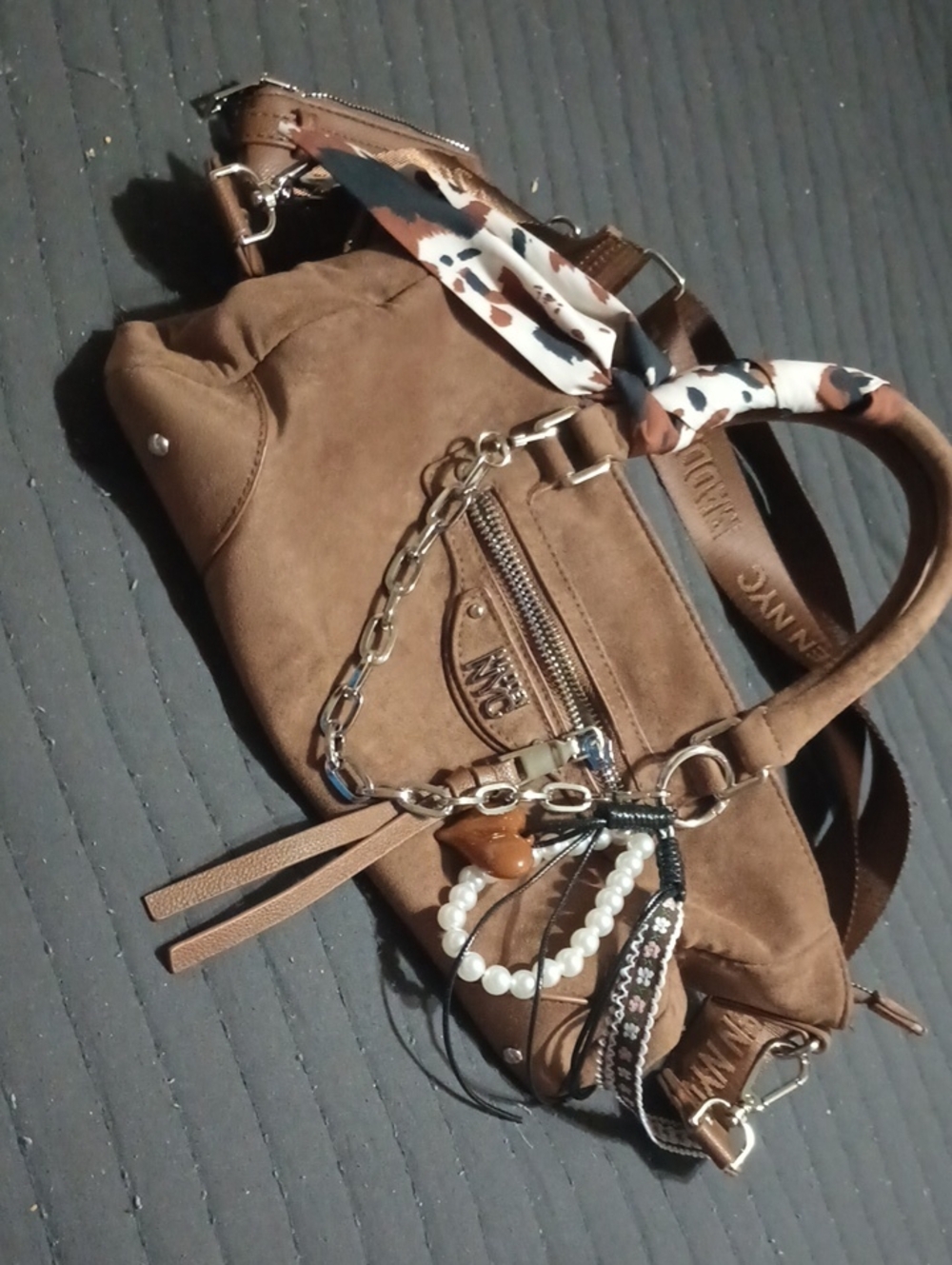 Tan Women’s Shoulder Bag with Chain & Charm Detail